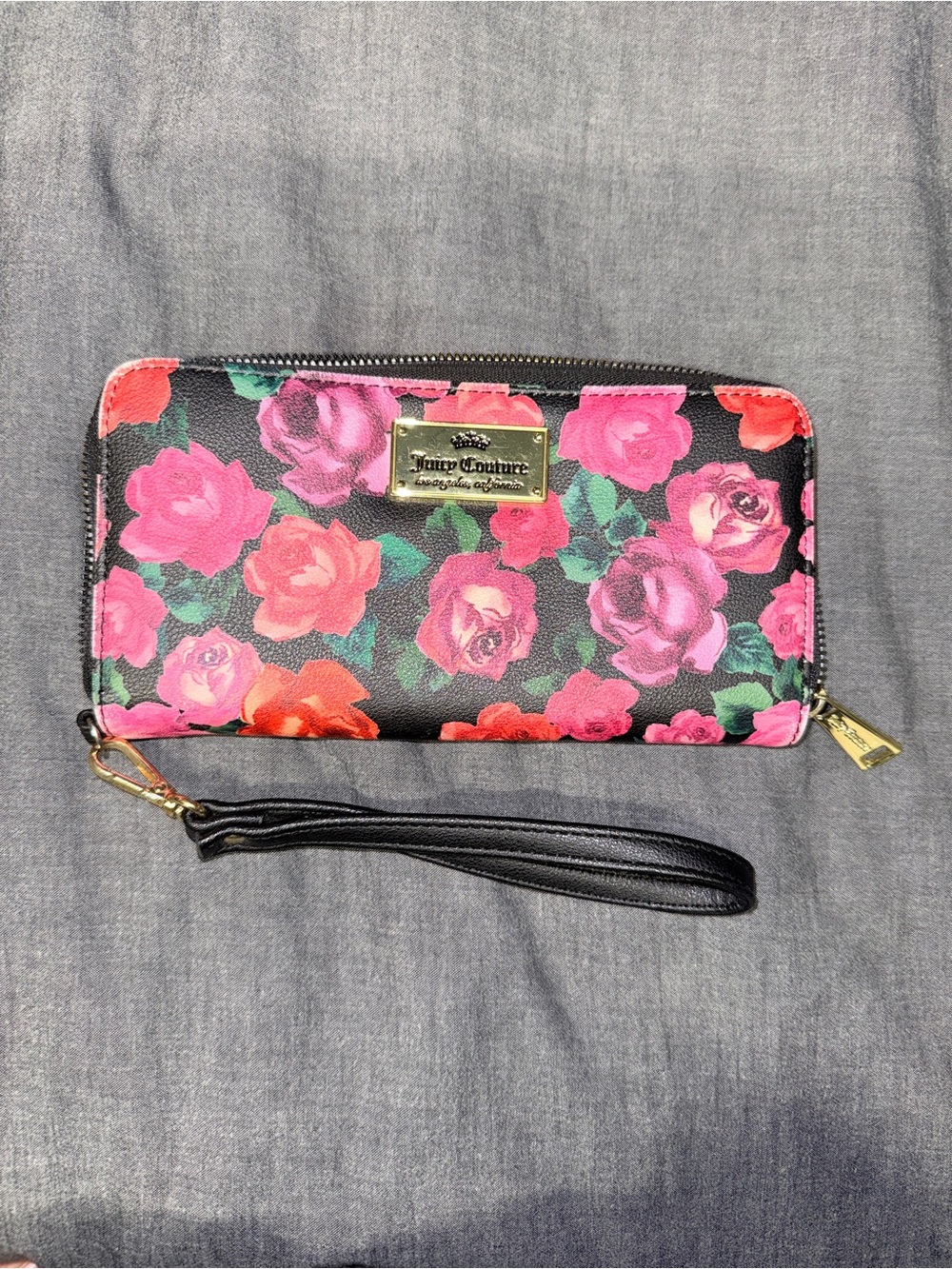 Juicy Couture Black Floral Zip Wallet with Pink & Red Roses
